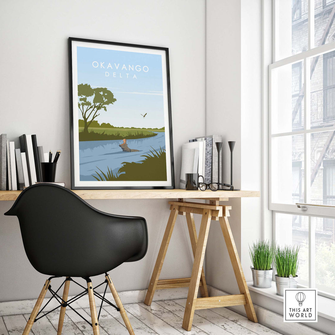 Okavango Botswana print in a minimalist frame, showcased in a stylish home office setting.
