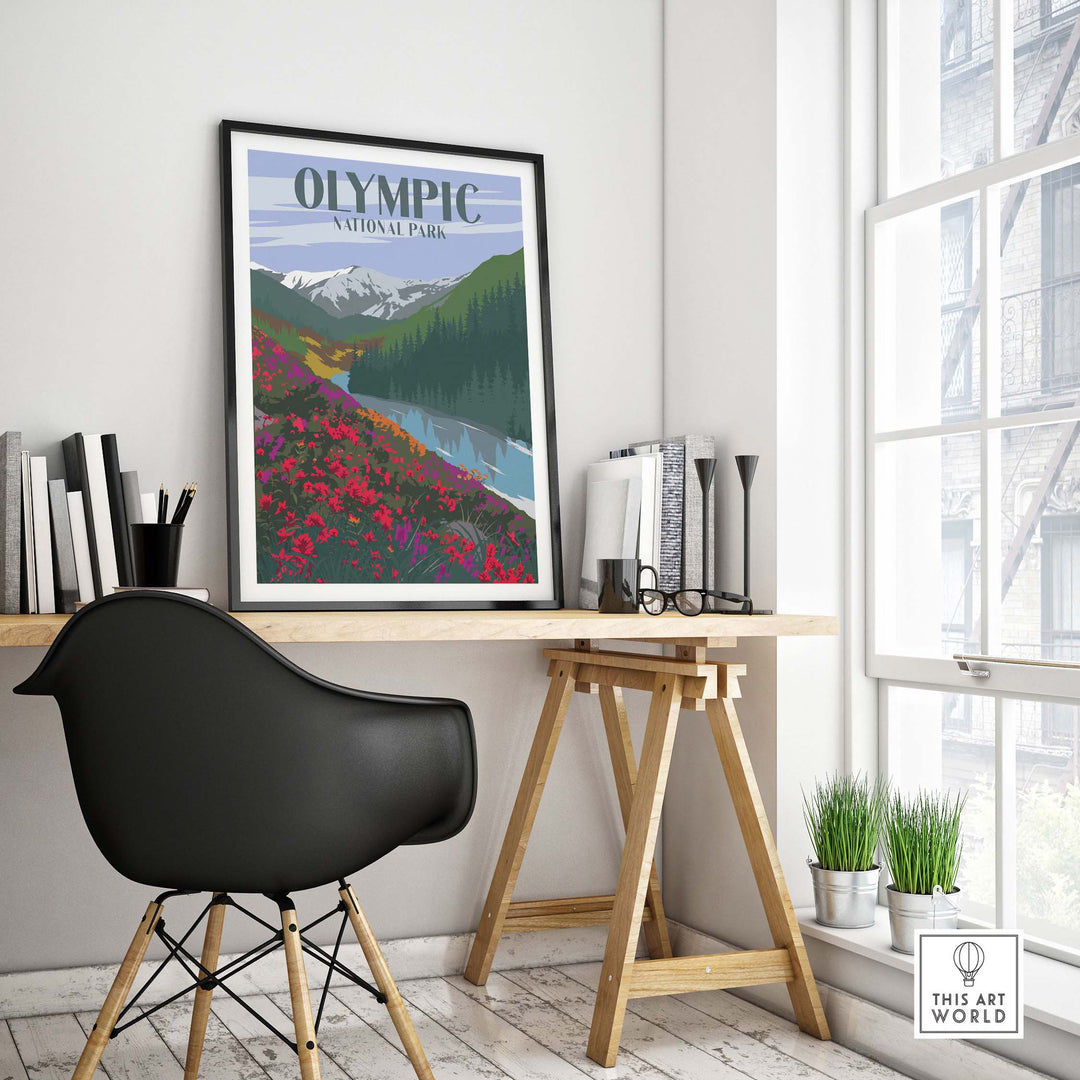 Olympic National Park Poster displayed in a stylish office setting, showcasing vibrant nature artwork.