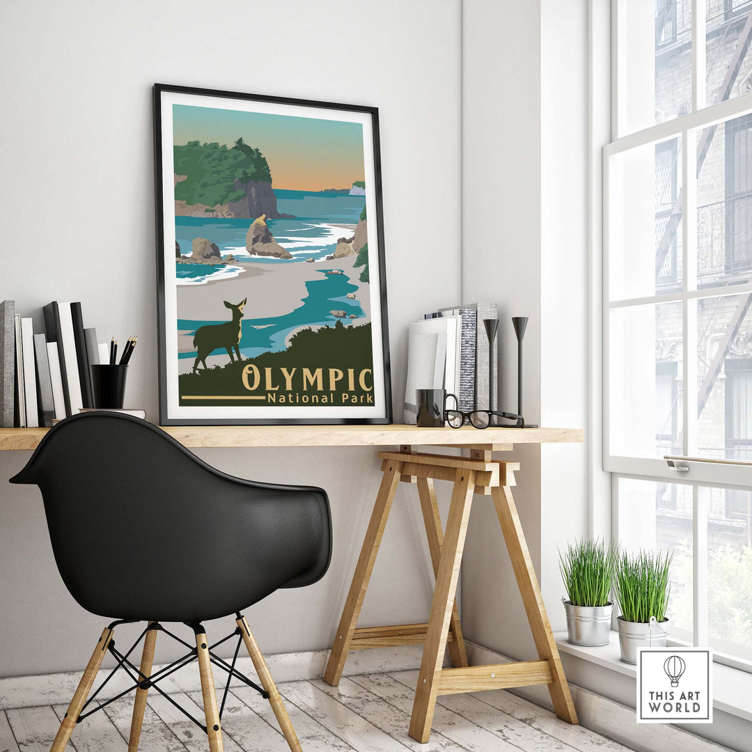 Olympic National Park Print showcasing a coastal landscape with a deer, perfect for home or office decor.