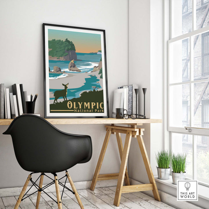 Olympic National Park Print showcasing a coastal landscape with a deer, perfect for home or office decor.