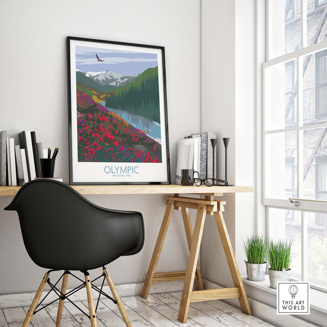 Olympic National Park art print displayed in a modern office setting with a stylish chair and desk.