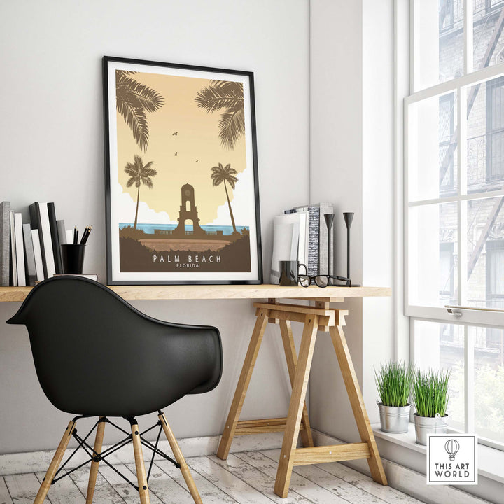 Palm Beach Florida vintage travel poster print displayed in a minimalist home office setting.