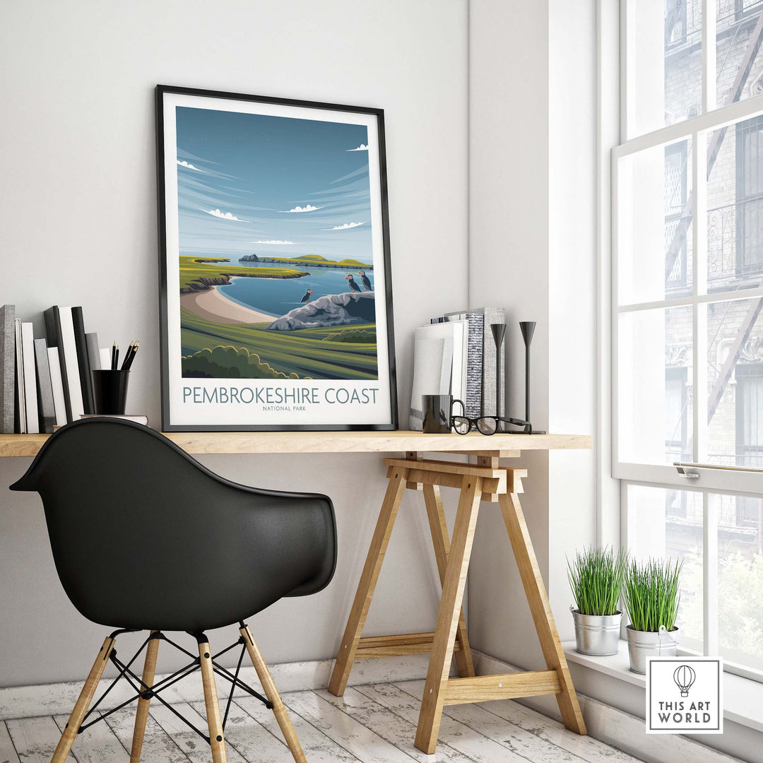 Pembrokeshire Coast print on a minimalist wall in a stylish office space, showcasing nature-inspired artwork.