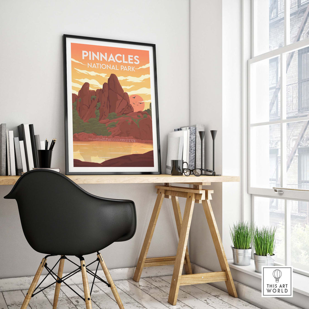 Pinnacles National Park poster displayed in a modern office with desk and chair, showcasing minimalist art.