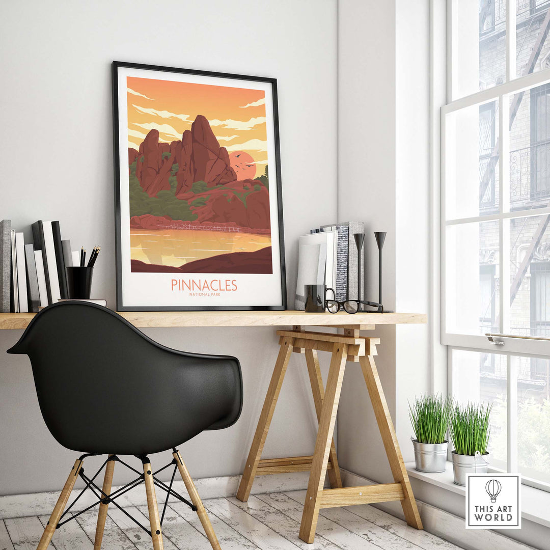 Pinnacles National Park poster art print displayed in a minimalist workspace setting with stylish decor.