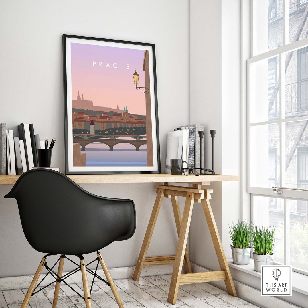 Prague Print Wall Art Poster in contemporary home office setting with stylish furniture and natural light.