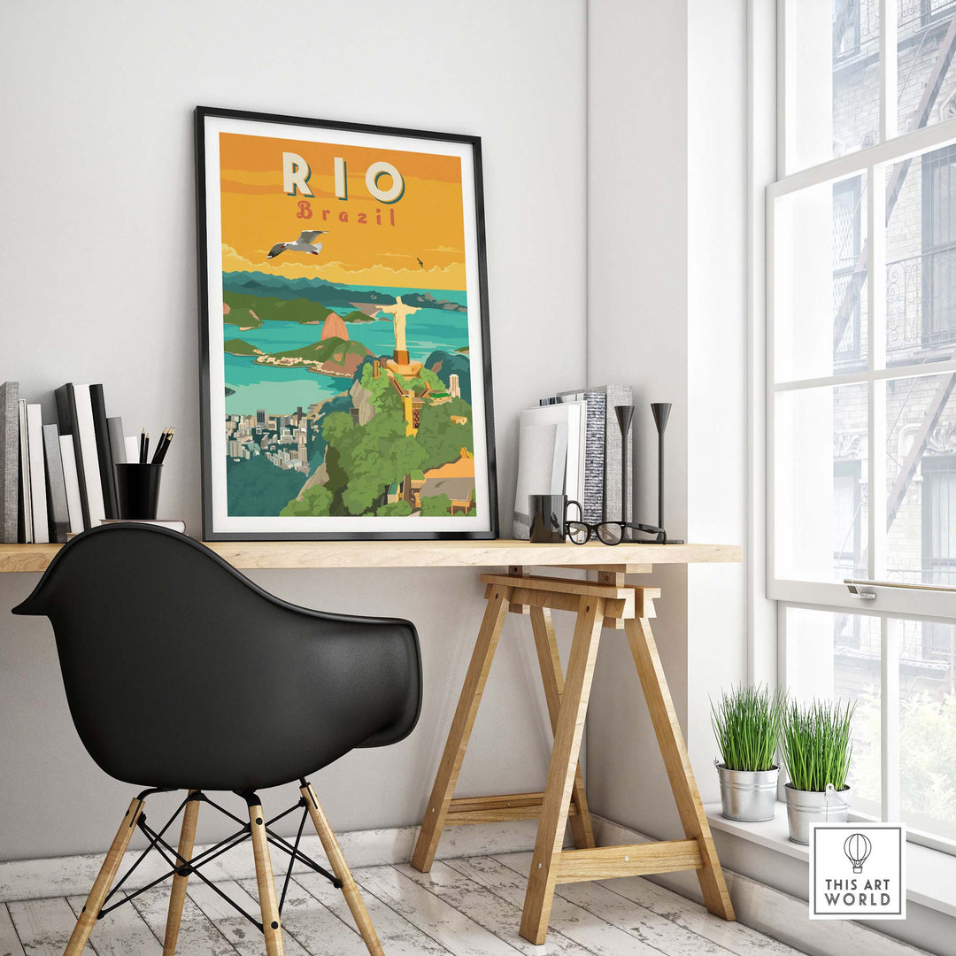 Rio Brazil Wall Art Print in a stylish workspace, featuring minimalist design and vibrant colors.