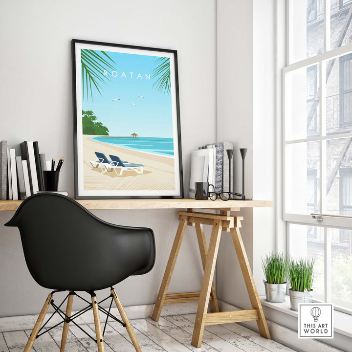 Roatan art print of a beach scene framed in a modern home office setting, showcasing tropical vibes and travel inspiration.
