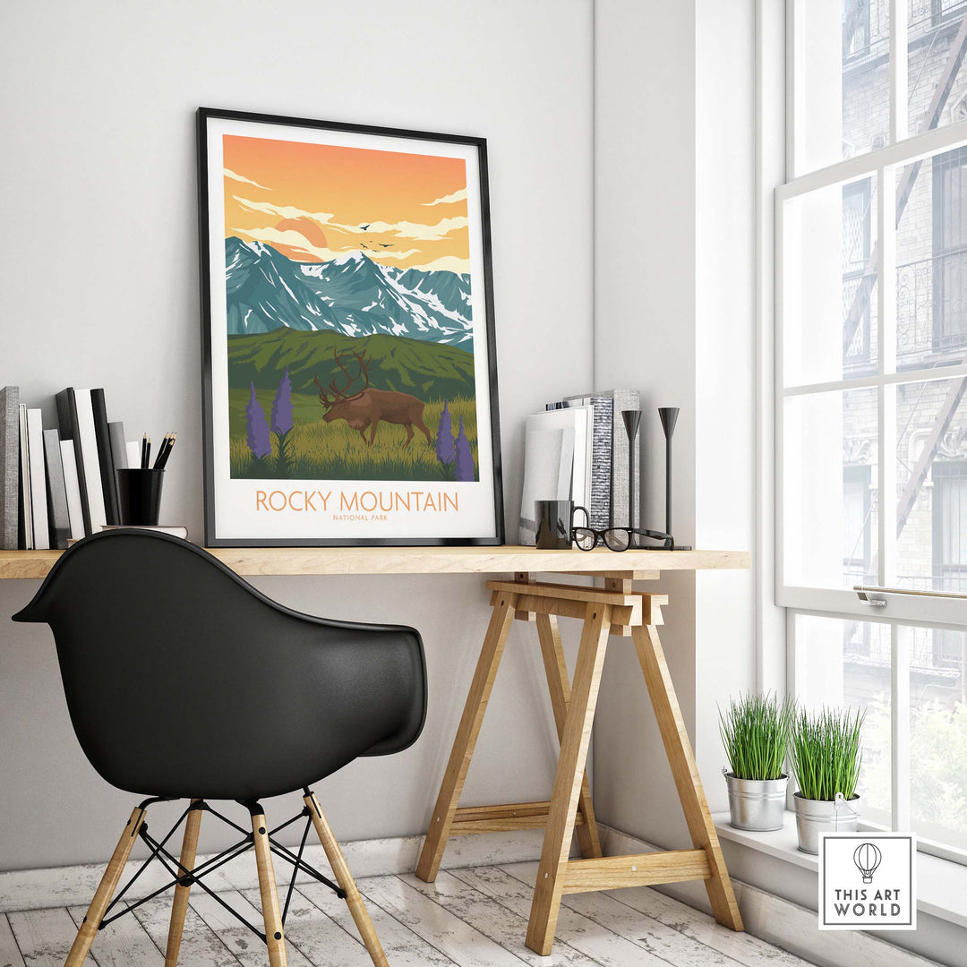Rocky Mountain National Park poster in a modern office setting, showcasing mountain landscapes and tranquil colors.