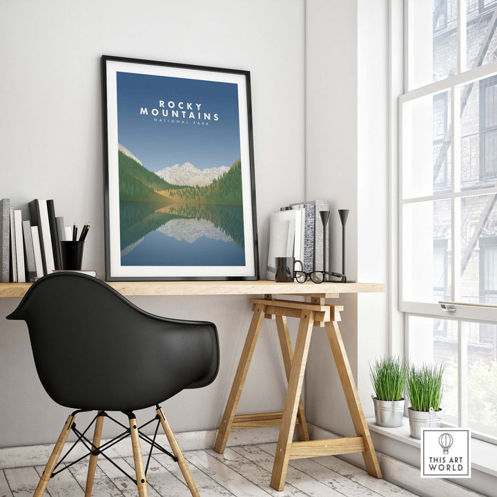 Stylish Rocky Mountains National Park art print displayed in a modern home office setting.