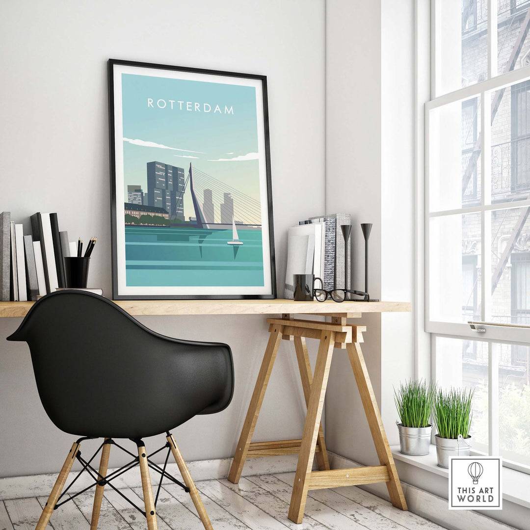 Rotterdam Print Wall Art Poster displayed on a desk in a modern interior, showcasing stylish vintage travel art.