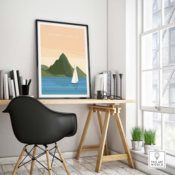 Saint Lucia Wall Art Print in a minimalist setting, featuring a sailing boat and tropical mountains.