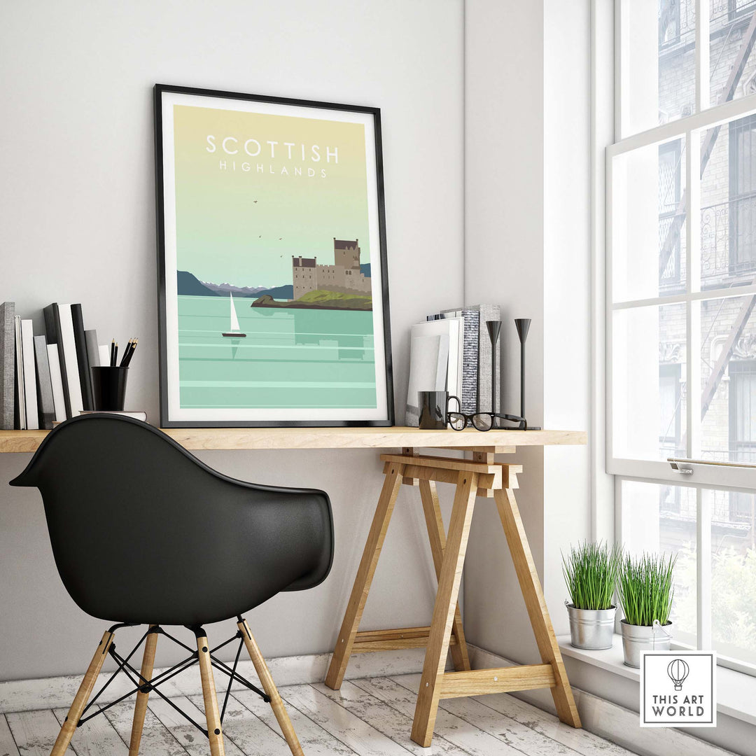 Scottish Highlands Print Wall Art Poster in a modern office setting, featuring a castle and sailboat design.
