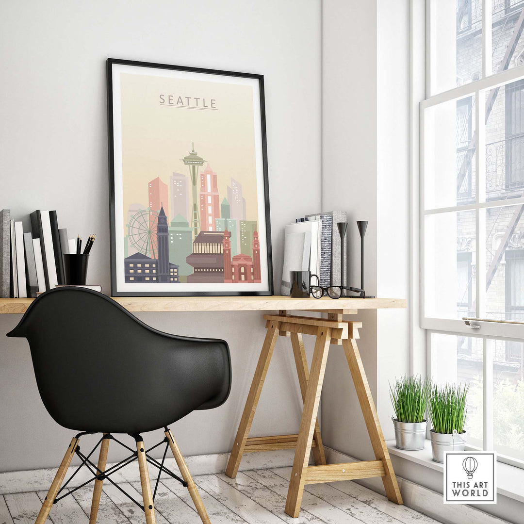 Seattle City Skyline Print displayed in a cozy workspace, featuring pastel tones and iconic architecture.
