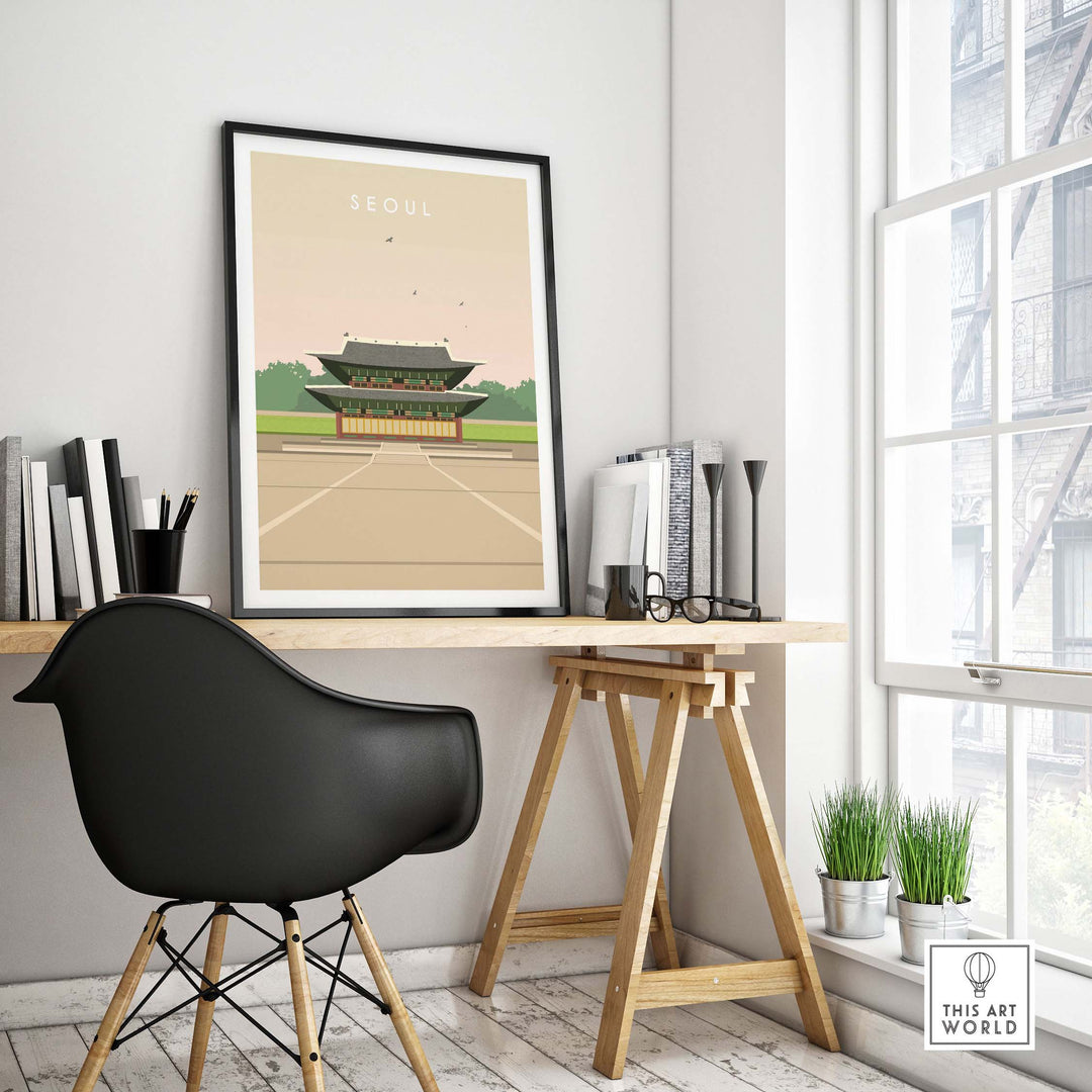 Seoul poster print displayed in a modern office setting, showcasing vintage travel art of South Korea.