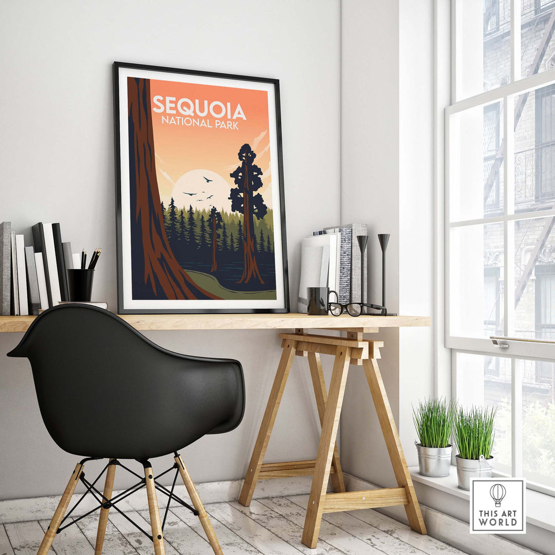 Sequoia National Park poster displayed in a stylish office with a minimalist design and nature theme.