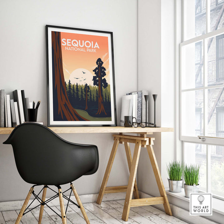 Sequoia National Park poster displayed in a stylish office with a minimalist design and nature theme.