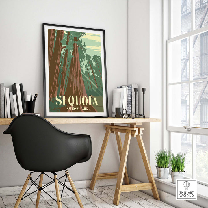 Sequoia National Park print framed in a modern office with stylish decor and natural light.