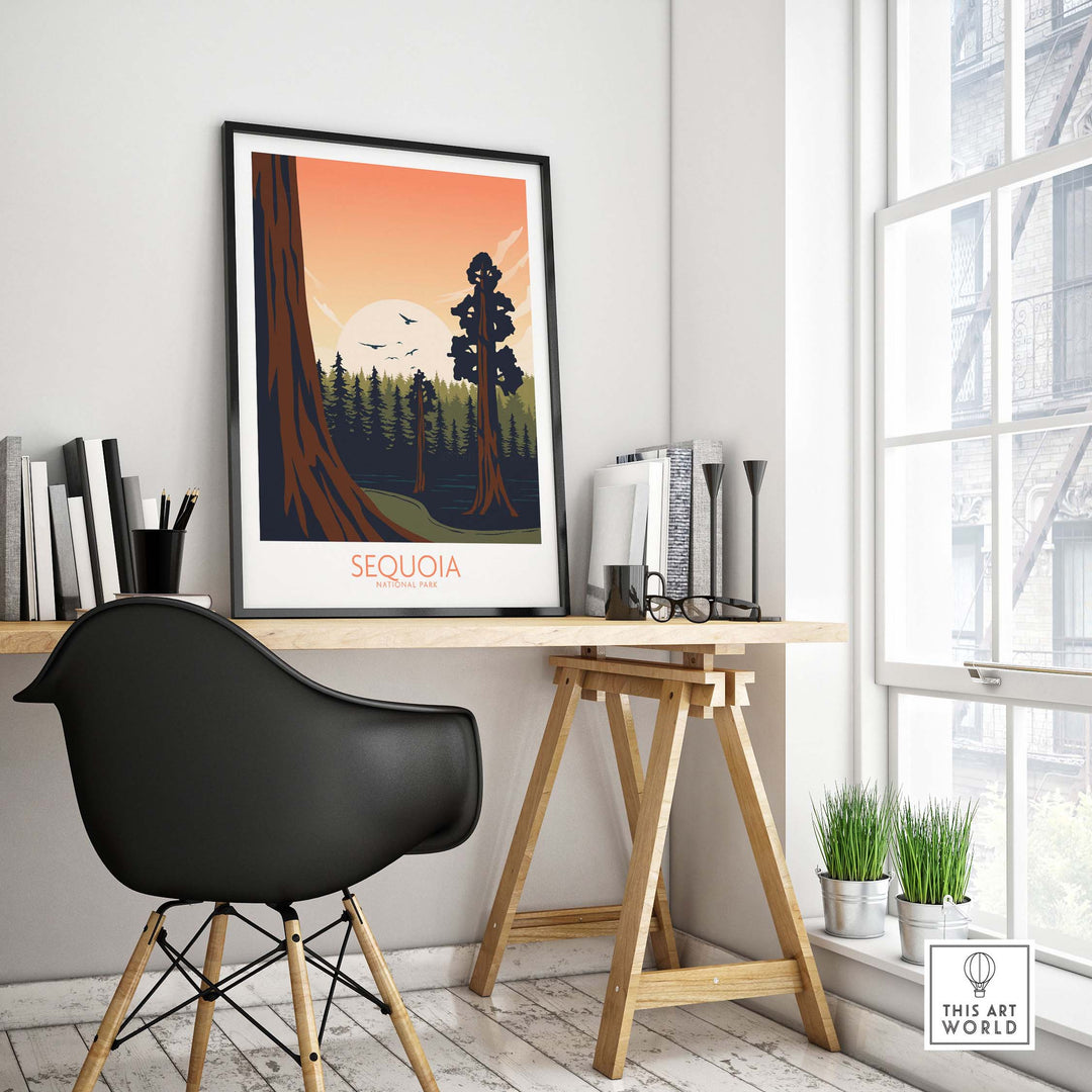 Sequoia National Park poster displayed in a minimalist home office decor, showcasing nature and travel inspiration.