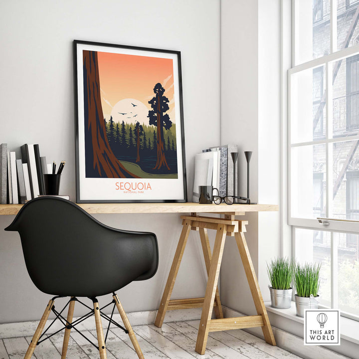 Sequoia National Park poster displayed in a minimalist home office decor, showcasing nature and travel inspiration.