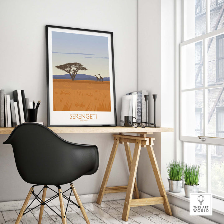 Serengeti National Park poster print displayed in a stylish office with modern decor and natural light.
