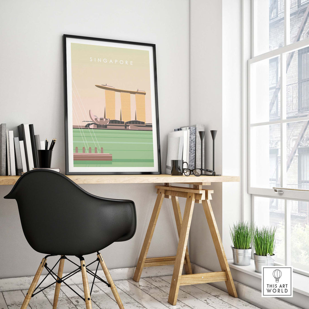 Singapore poster print in stylish interior, featuring vintage design and modern decor elements.