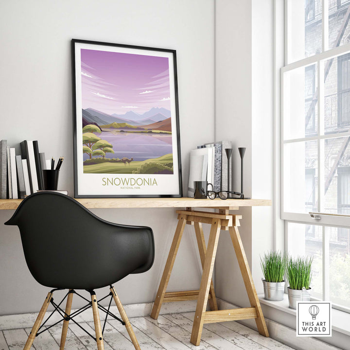 Snowdonia National Park art print displayed in a modern office with a desk and chair, featuring minimalist landscape design.