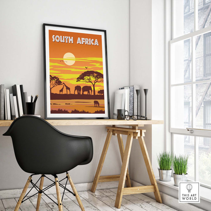 Vintage South Africa poster featuring elephants and sunset, adding travel nostalgia to home decor.