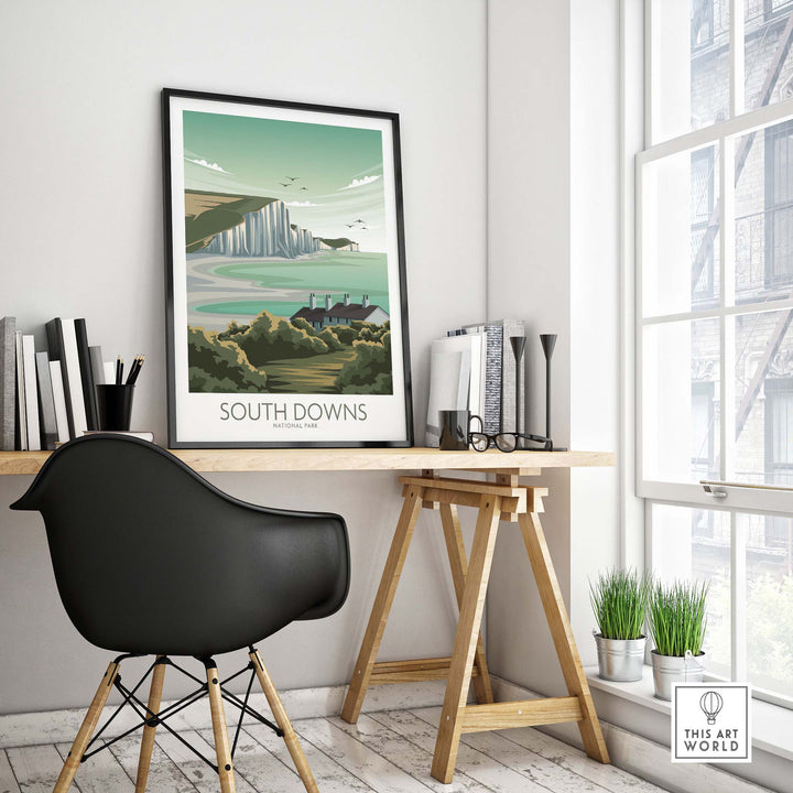 South Downs National Park art print displayed in a modern minimalist home office setting.