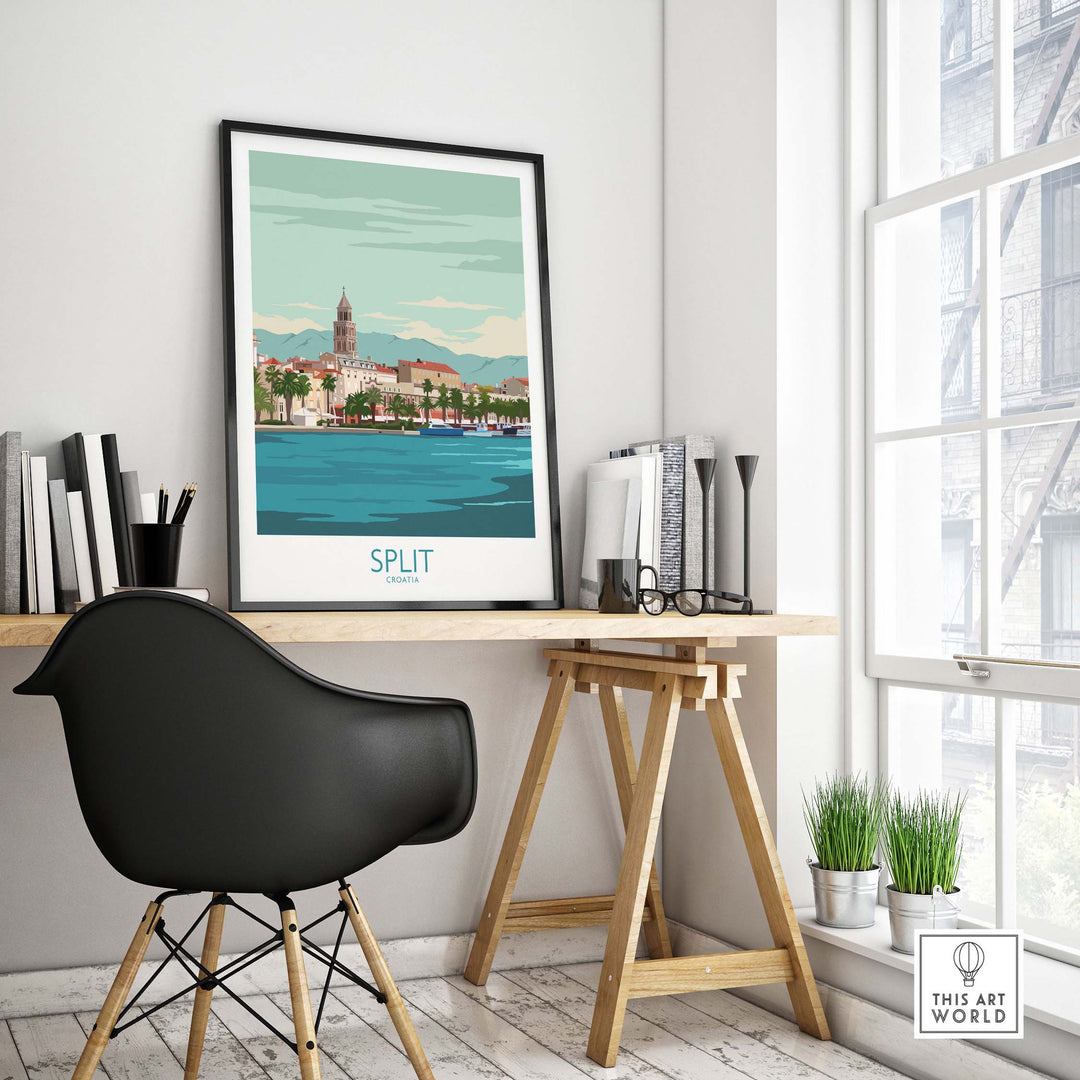 Split Croatia Poster Print displayed in a modern workspace, featuring vibrant coastal scenery and nostalgic travel art.