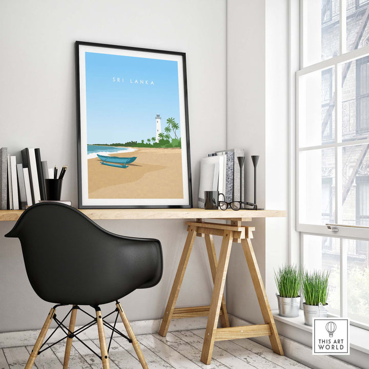 Sri Lanka travel poster print displayed in a stylish home office, featuring beach scene and minimalist design.