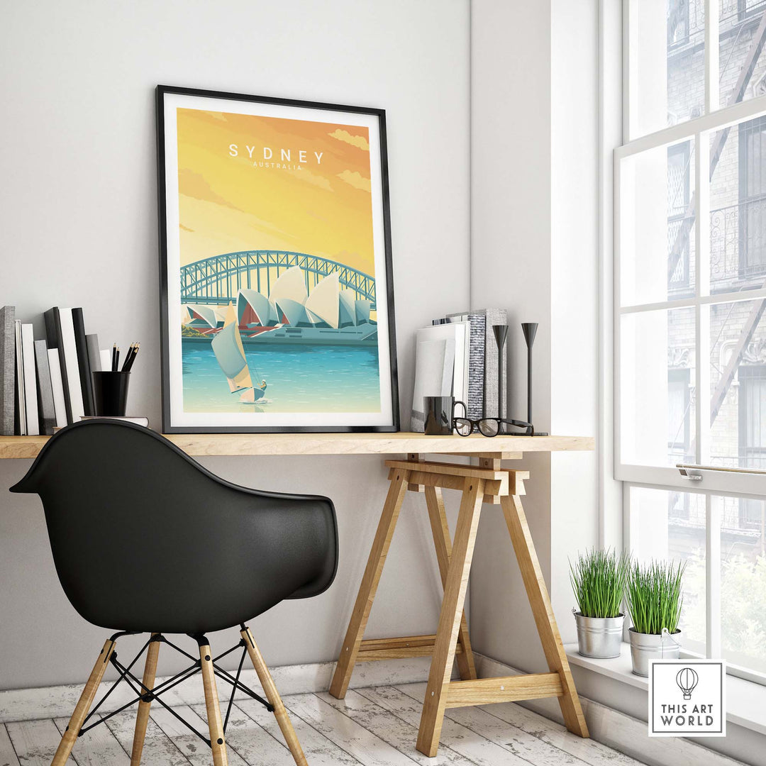 Sydney travel poster print showcasing iconic landmarks in a minimalist style for stylish wall decor.