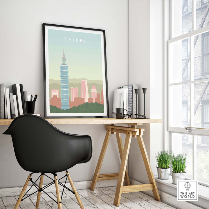 Taipei Poster Taiwan Print displayed in a stylish home office setting with a chair and wooden desk.