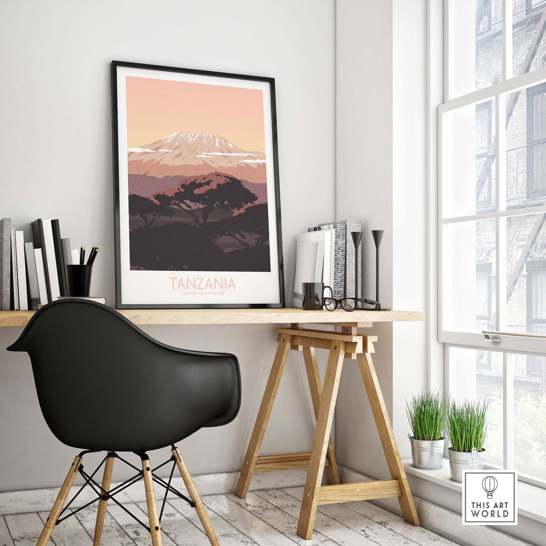 Kilimanjaro Print Tanzania Poster displayed in a stylish modern office setting with a black chair and large window.