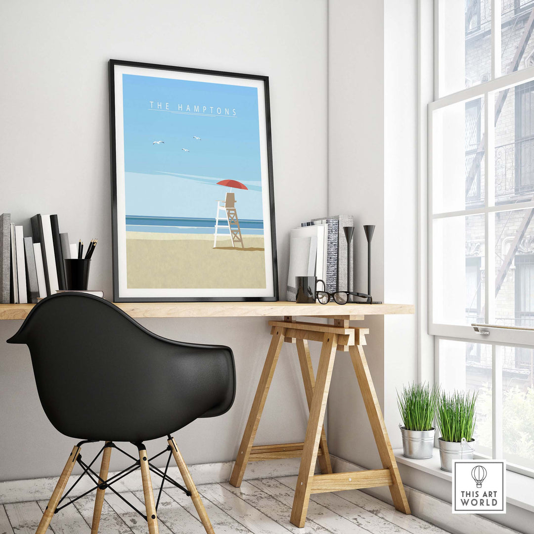 The Hamptons Print art in modern home office decor, showcasing vintage-inspired beach scene with minimalistic design.
