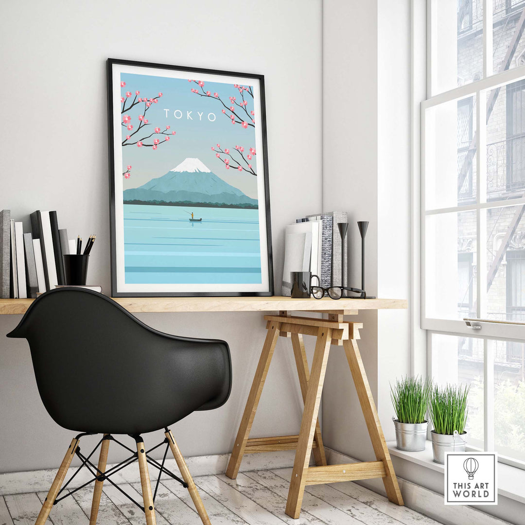 Tokyo Print Wall Art Poster featuring cherry blossoms and Mount Fuji in a stylish home office setting.