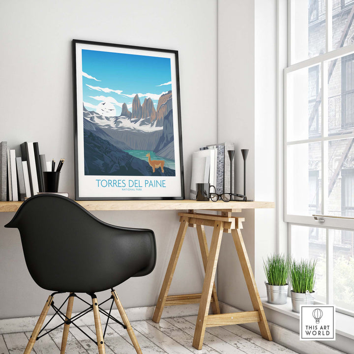 Torres del Paine Chile poster displayed in a modern workspace with stylish décor and natural light.