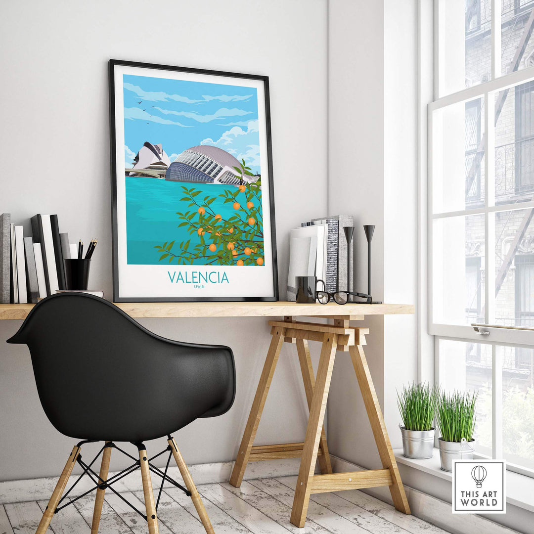 Valencia Poster Print in stylish office interior, showcasing vintage travel art with minimalist design.