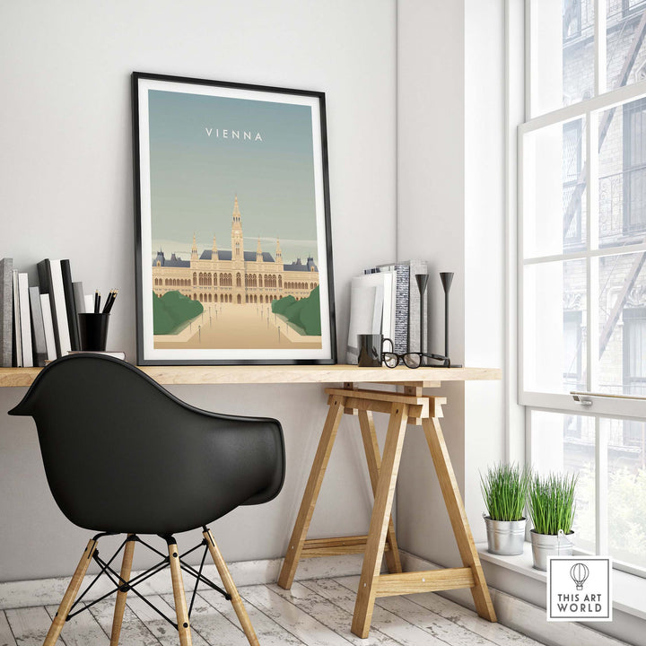 Vienna Wall Art Poster displayed in a modern office setting, featuring vintage travel aesthetic and sustainable design.