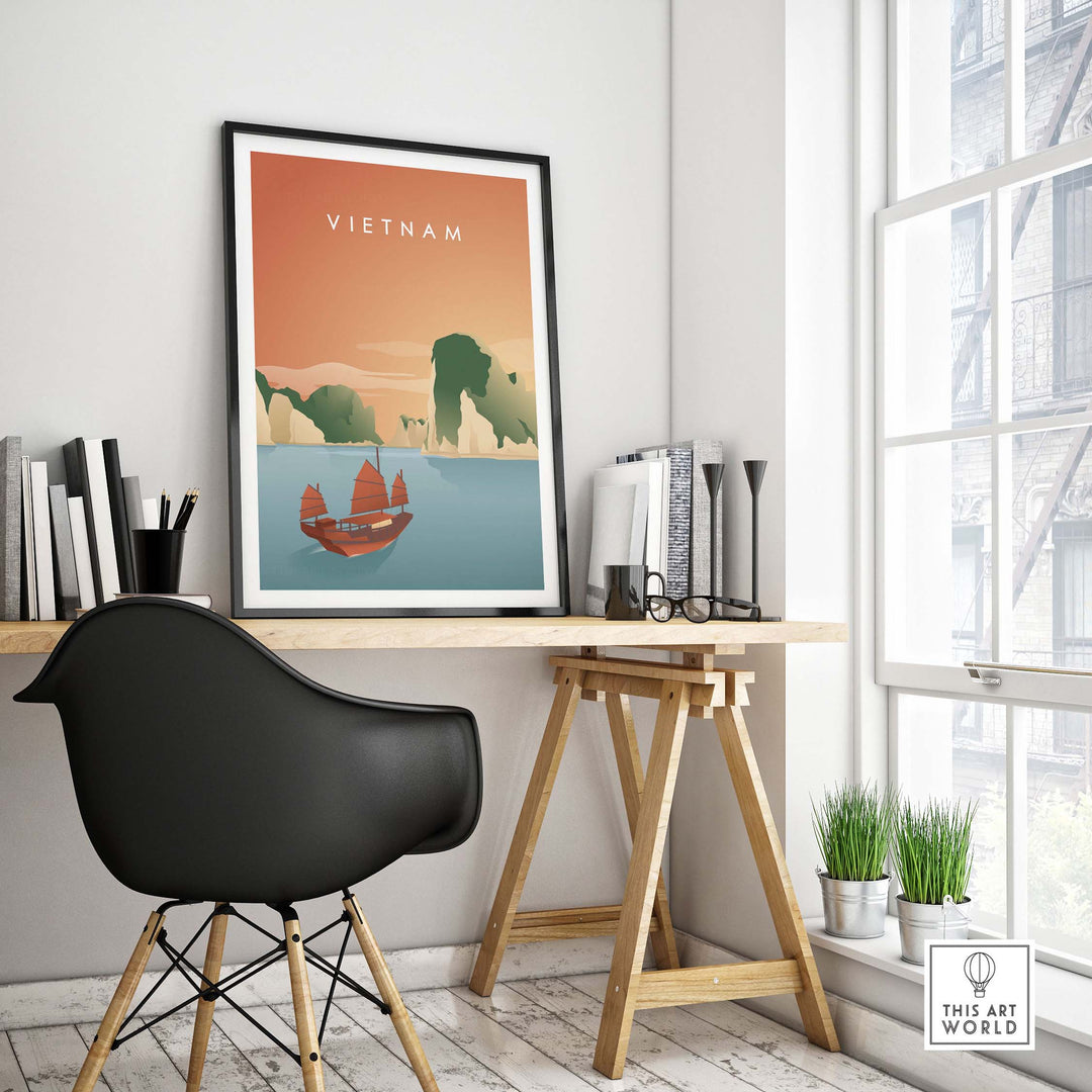 Vietnam wall art poster featuring Ha Long Bay, displayed in a stylish home office setting.