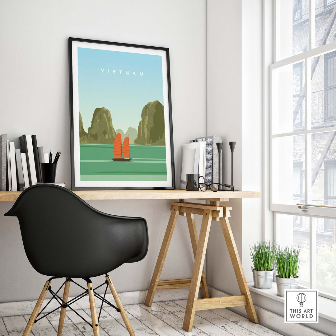 Vietnam travel poster print displayed in modern home office with minimalist decor and natural light.