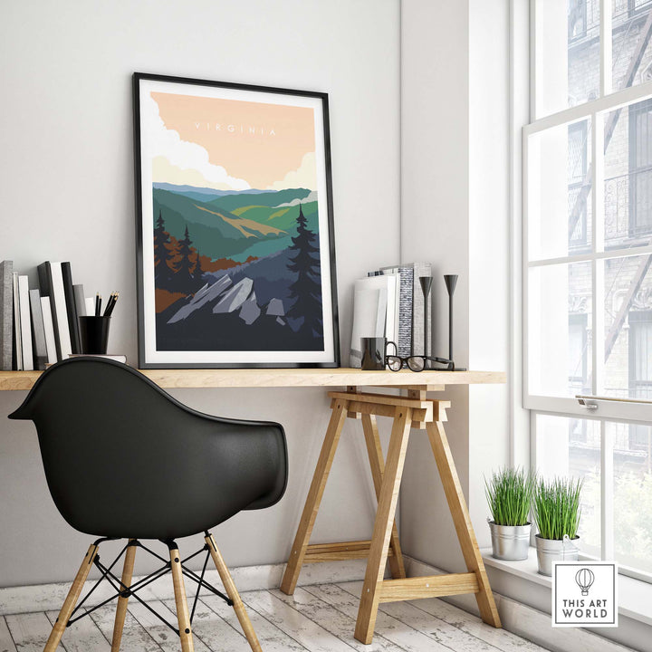 Virginia travel poster print displayed in a modern workspace, showcasing vintage-inspired art and minimalist design.