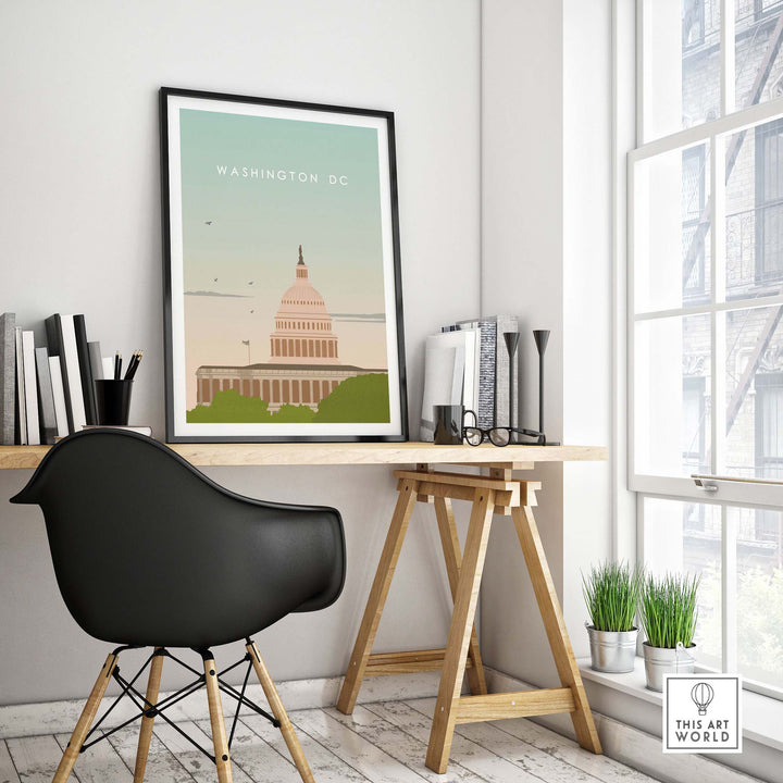 Washington DC Poster Print displayed in a stylish office setting with a desk and chair, showcasing vintage travel art.