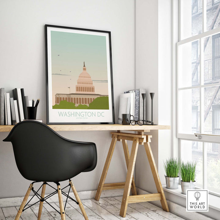 Washington DC wall art print displayed in a stylish home office setting, showcasing vintage travel design.