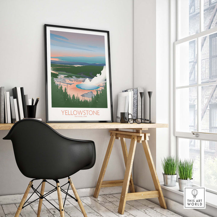 Minimalist Yellowstone National Park art print displayed on a desk, featuring serene nature and travel vibes.