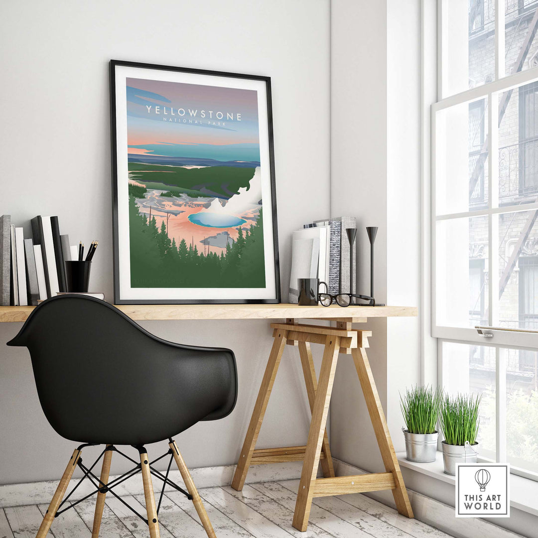 Yellowstone National Park vintage travel poster in modern workspace decor with stylish chair and bright windows.