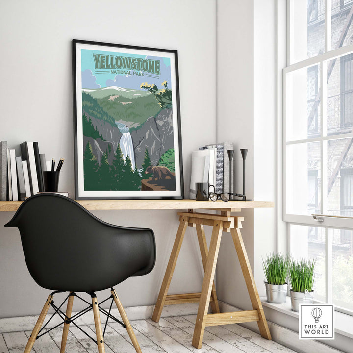 Yellowstone National Park print displayed on a stylish desk, featuring vintage artwork and natural scenery.