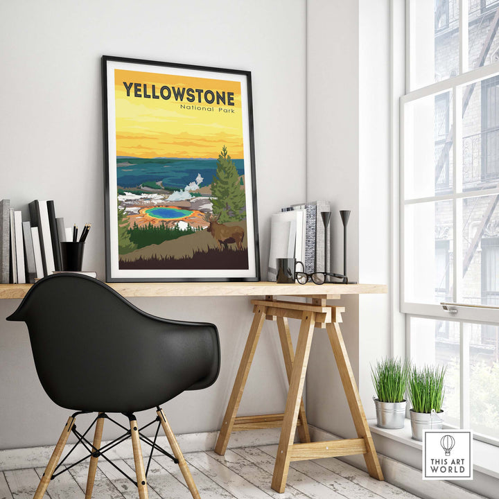 Yellowstone National Park vintage poster in a stylish office setting, showcasing outdoor beauty and travel inspiration.