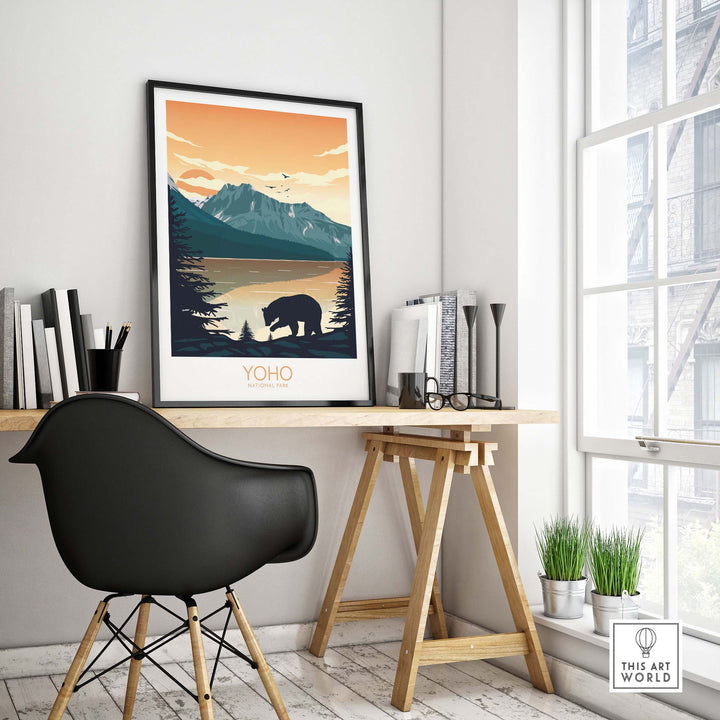 Yoho National Park poster art print displayed in a modern home office setting with stylish decor.
