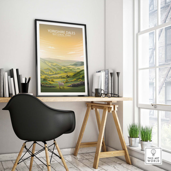 Yorkshire Dales National Park poster displayed in a minimalist home office setting, showcasing scenic landscapes.